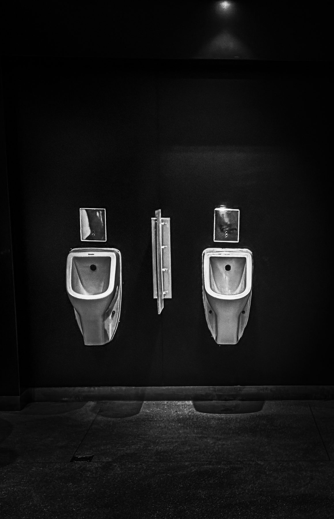 Dos — dos urinarios separados por una mampara en una pared oscura, en blanco y negro