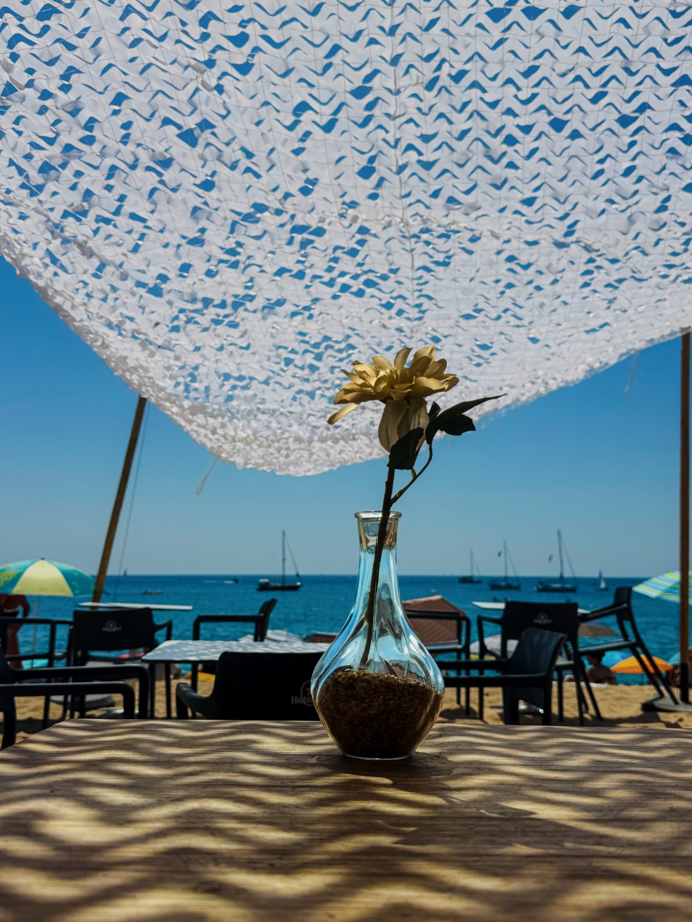 Jarrón en la playa — un jarrón de cristal con una flor seca, bajo una sombra tejida junto al mar