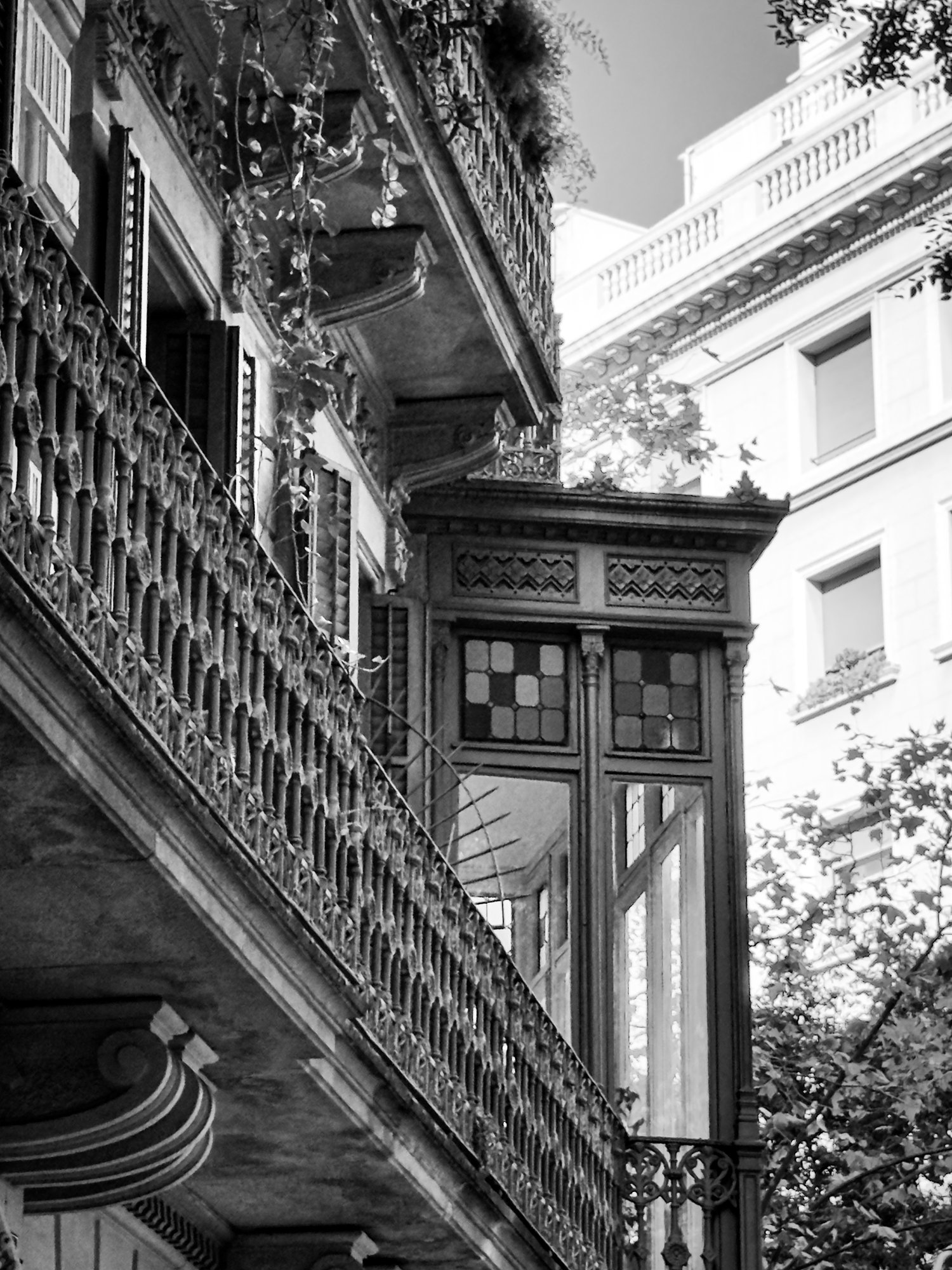 La tribuna — mirador de madera con vidrieras de colores y remate tallado, entre balcones de forja cubiertos de hiedra, en blanco y negro